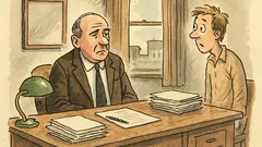 Witz: Er sitzt am Schreibtisch im Jackett