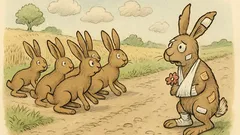 Witz: Sechs Hasen hoppeln einen Feldweg entlang