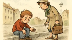 Witz: Traurig sitzt ein Junge am Straßenrand